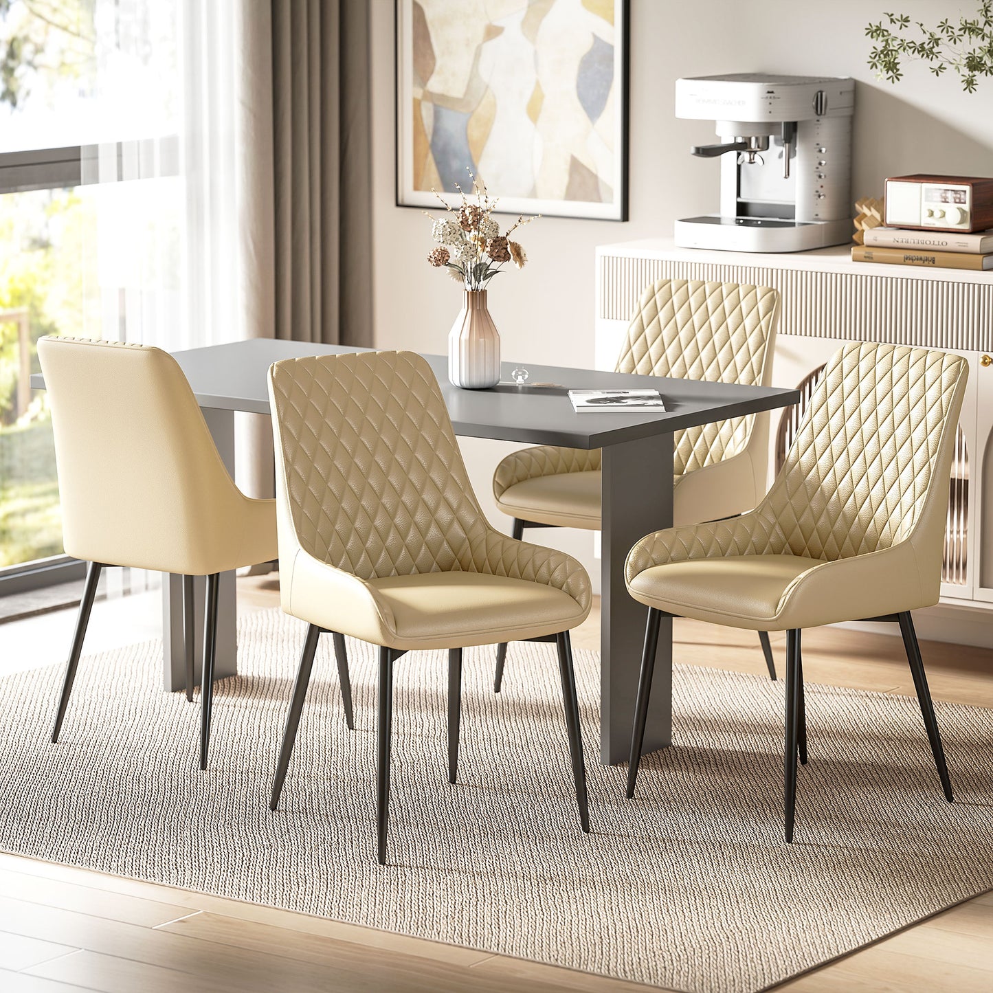 Upholstered Kitchen Chairs, Modern Dining Chairs Set of 4 with Diamond Tufting and Steel Legs for Dining Room, Khaki