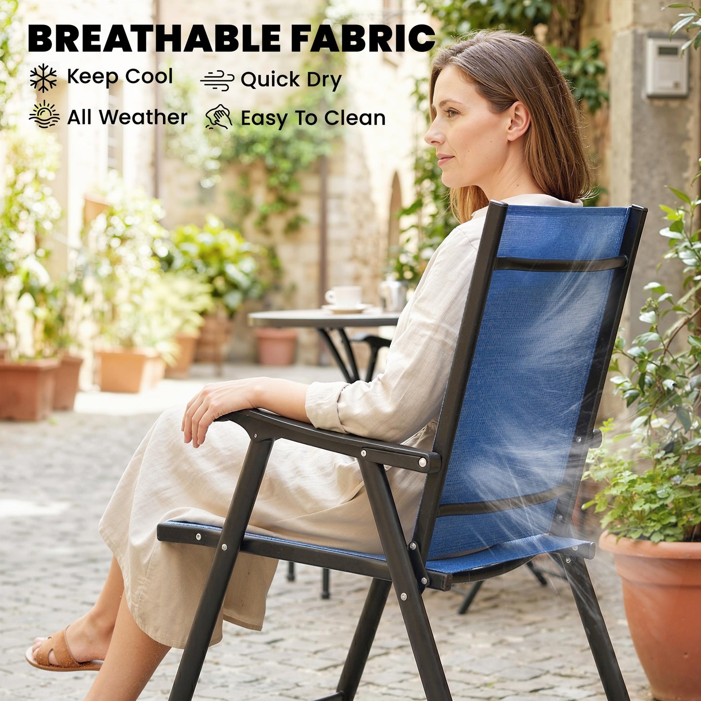 Folding Patio Chairs Set of 2, High Back Outdoor Dining Chairs with Breathable Mesh Seat for Lawn, Deck, Blue