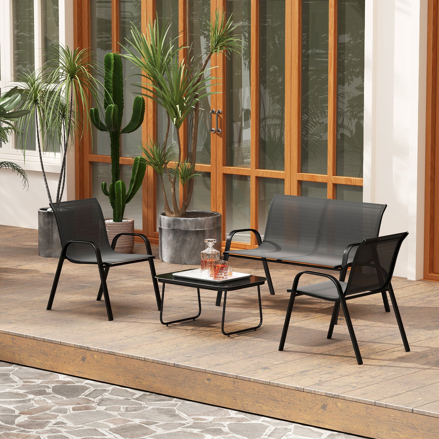 4 Pieces Outdoor Furniture Set with 2 Stackable Chairs, Loveseat, Patio Conversation Set with Glass Coffee Table, Black
