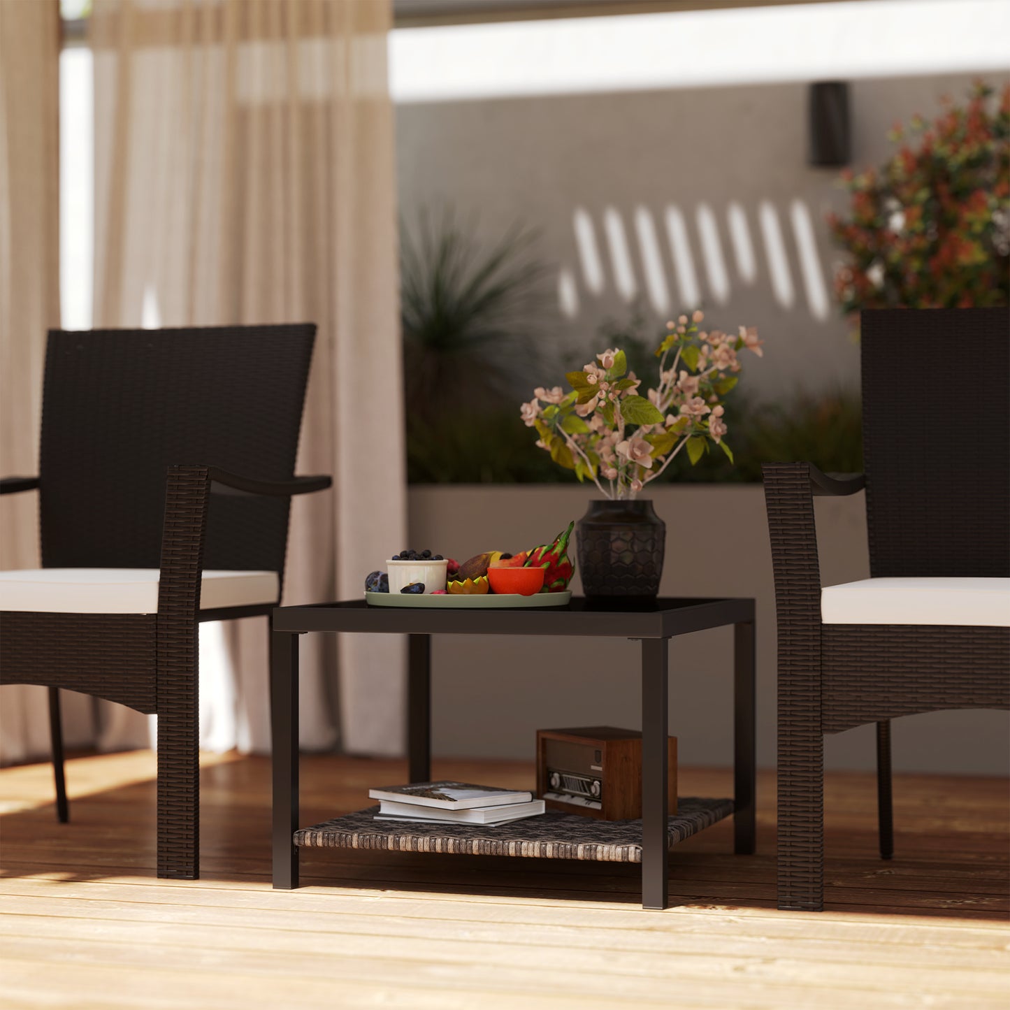 23.6" Rattan End Table, Outdoor Coffee Table with Tempered Glass Top, Storage Shelf for Patio, Garden, Balcony, Black