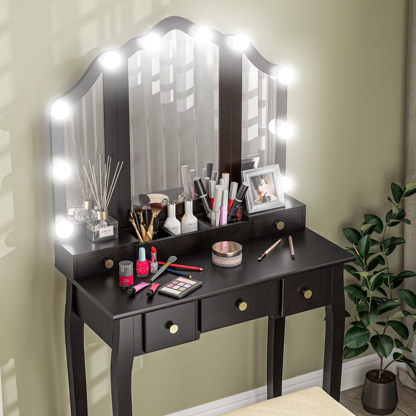 Makeup Vanity Desk with Mirror and Stool, Vanity Set with 10 LED Lights, 5 Drawers and 3 Compartments, Black