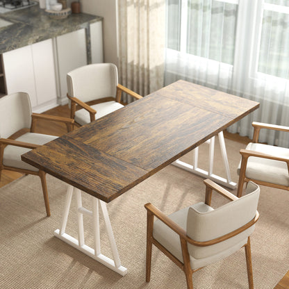 Farmhouse Dining Table for 8 with Trestle Legs - Brown and White