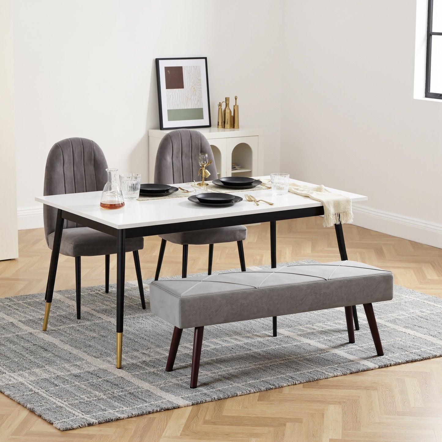 39 Inches Upholstered Bedroom Bench, Modern End of Bed Bench with Steel Legs, Grey