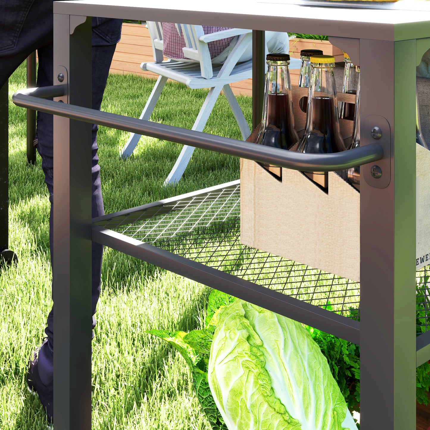 3-Tier Outdoor Grill Dining Cart with Storage Rack, Pizza Oven Stand with Side Handle, 4 Wheels for Backyard Party