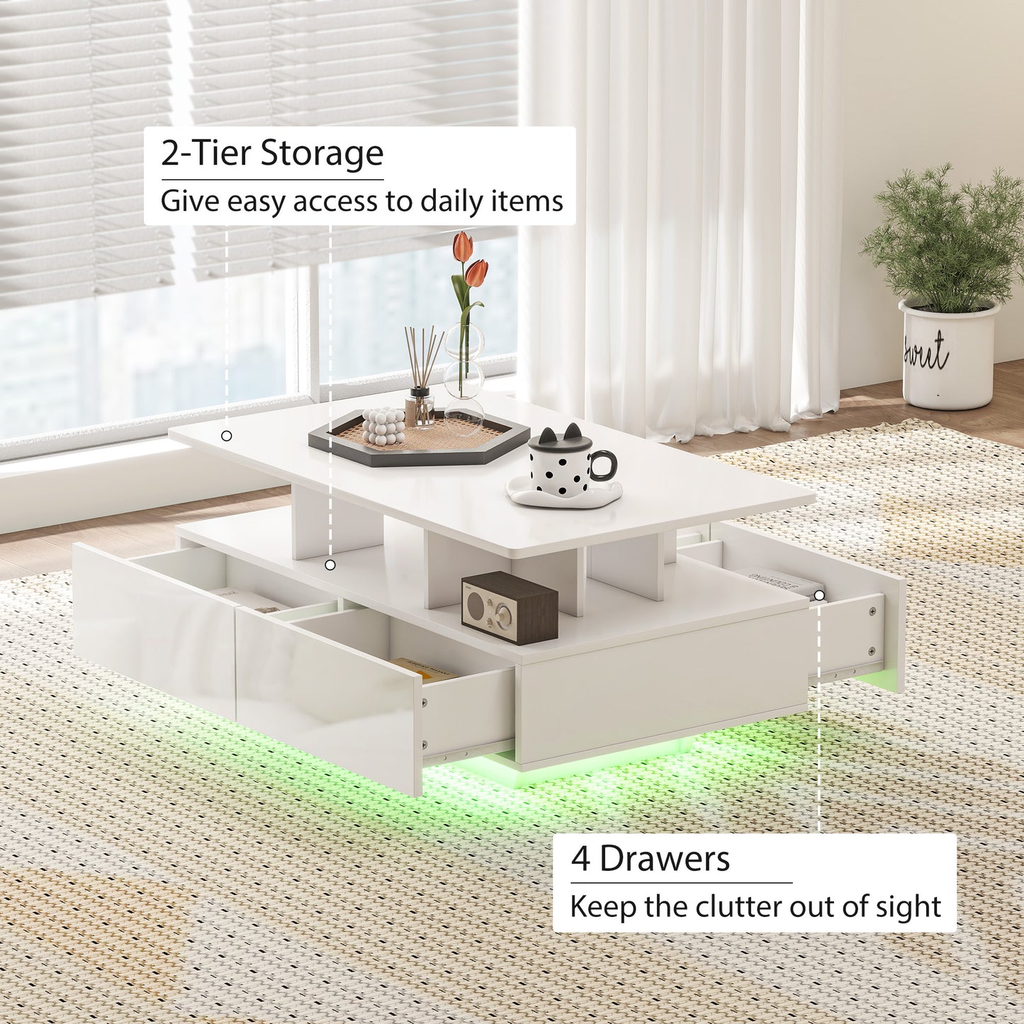 Coffee Table with RGB LED Lights, Modern Living Room Table with 4 Drawers, Open Shelf, Remote Control, High Gloss White