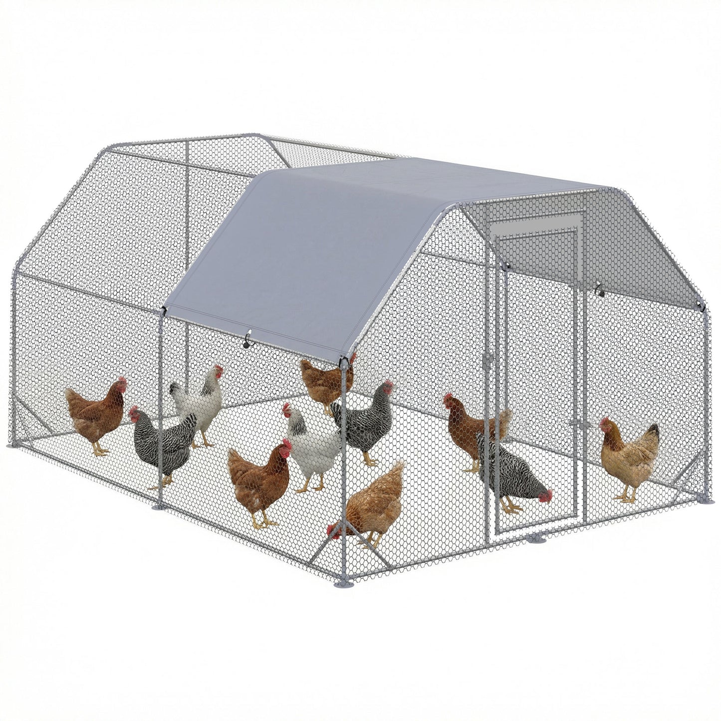 Chicken Run Outdoor, Galvanized Large Metal Chicken Coop Cage, Walk-in Enclosure Poultry Hen Run House Playpen Rabbit Hutch with Flat Roof, Cover