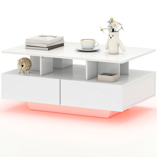 RGB LED Coffee Table with 4 Drawers - High Gloss White
