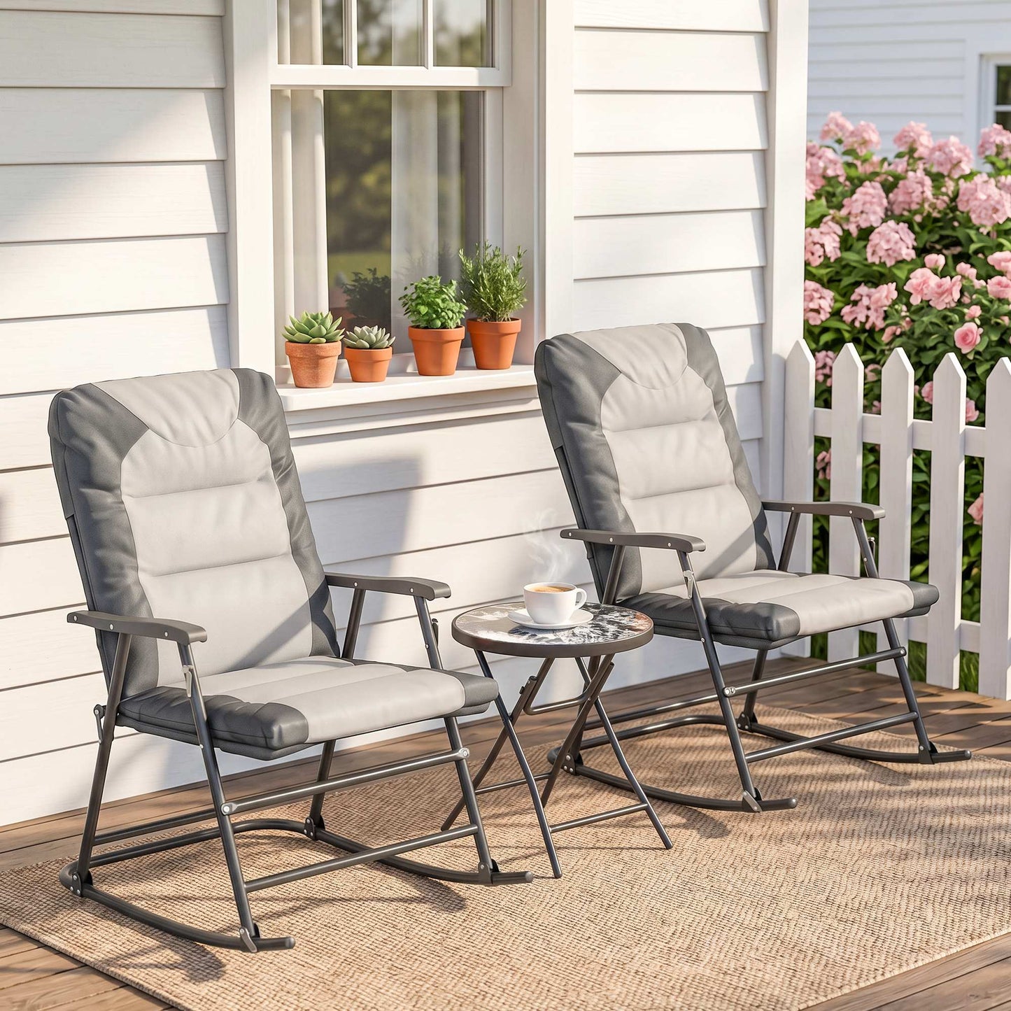 3-Piece Outdoor Foldable Rocking Chair Set, Orange - Light Grey