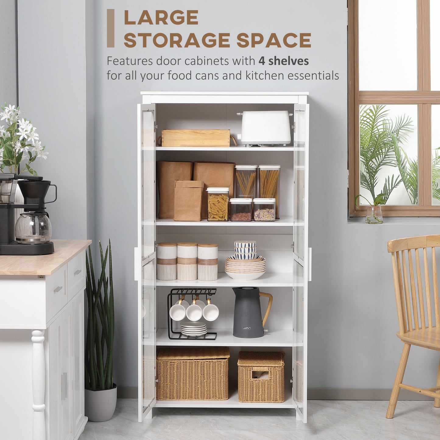Freestanding Kitchen Pantry, Buffet Cabinet, 5-tier Storage Cabinet with Adjustable Shelves and 2 Glass Doors, White