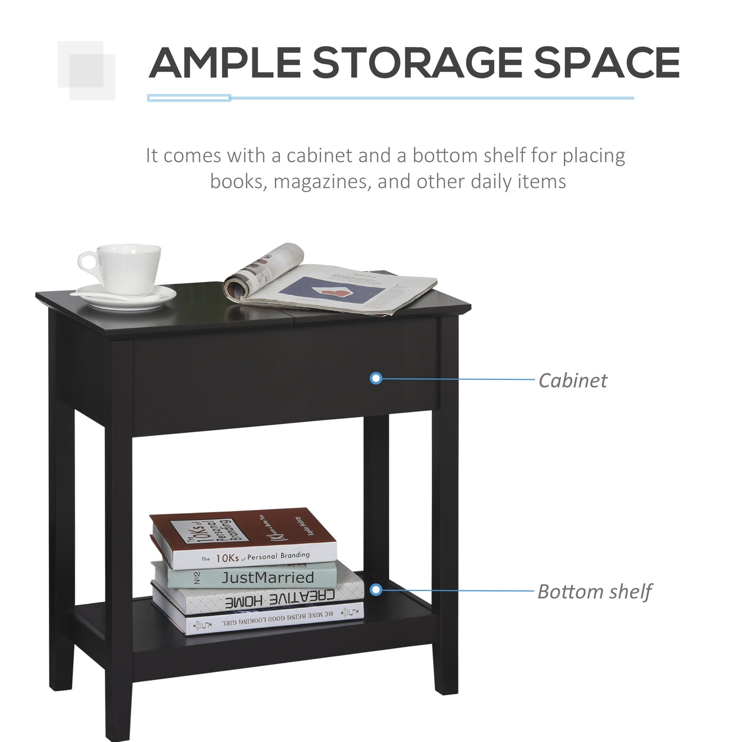 End Side Table in Flip Top Design with Cabinet and Bottom Shelf, Storage Furniture Decoration for Bedroom Living Room Office, Dark Coffee