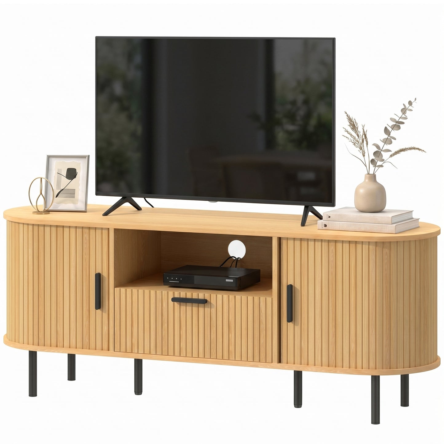 TV Stand for TVs up to 60", Modern Entertainment Center with Curved Sliding Doors and Storage, Natural Wood