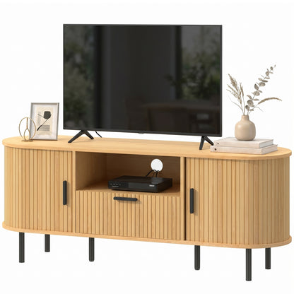 60" TV Stand with Curved Sliding Doors - Natural Wood