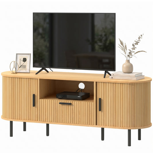 60" TV Stand with Curved Sliding Doors - Natural Wood
