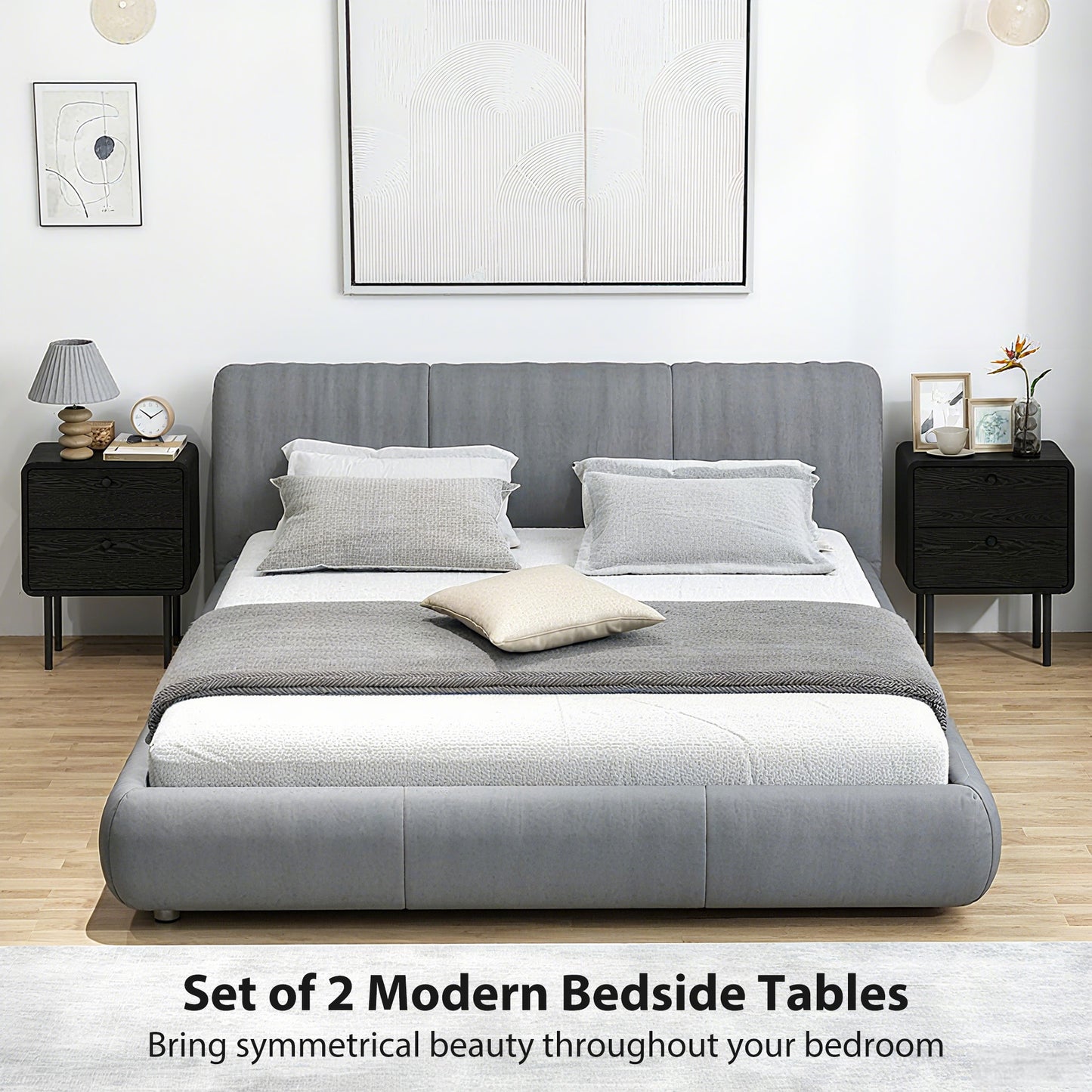 Modern Bedside Tables Set of 2, 2 Pieces Nightstands with 2 Storage Drawers and Steel Legs for Bedroom, Black Wood Grain