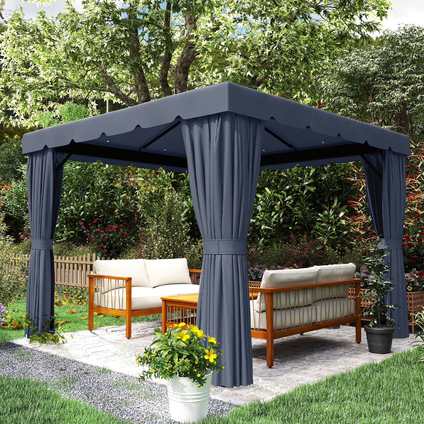 10' x 10' Outdoor Patio Gazebo Double Soft-top Garden Shelter Tent with Curtains, Mesh Screen Drapes, Dark Blue