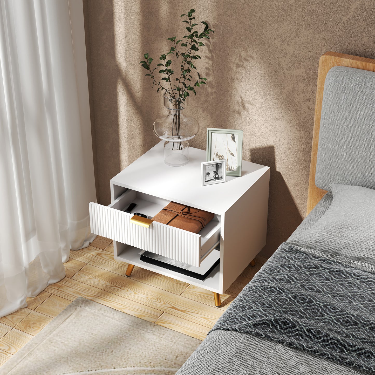 Nightstand with Fluted Panel, Bedside Table with Drawer and Open Compartment, Modern Night Table for Bedroom, White