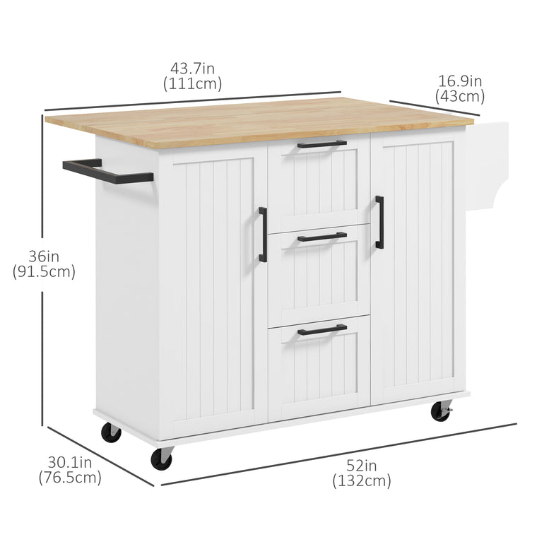 Rolling Kitchen Cart with Drop Leaf and 3 Drawers - White
