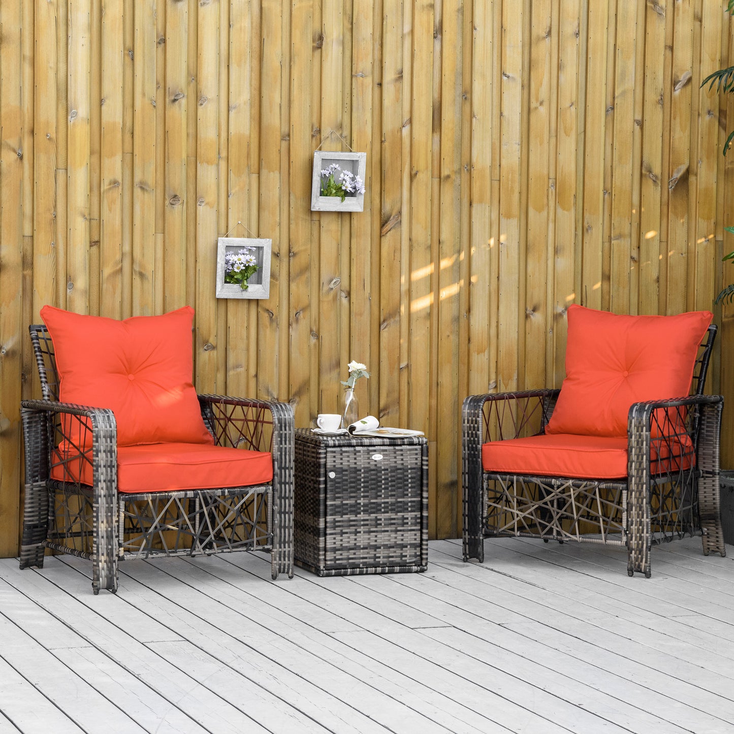 3 Pieces Wicker Patio Furniture Set, Rattan Bistro Set with Storage Coffee Table and Thickened Cushions, Outdoor Conversation Set for Garden, Porch, Balcony, Red