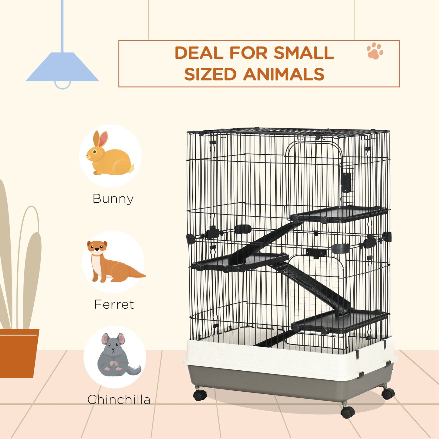 45"H Black 4-Level Guinea Pig Cage with Wheels & Ramp