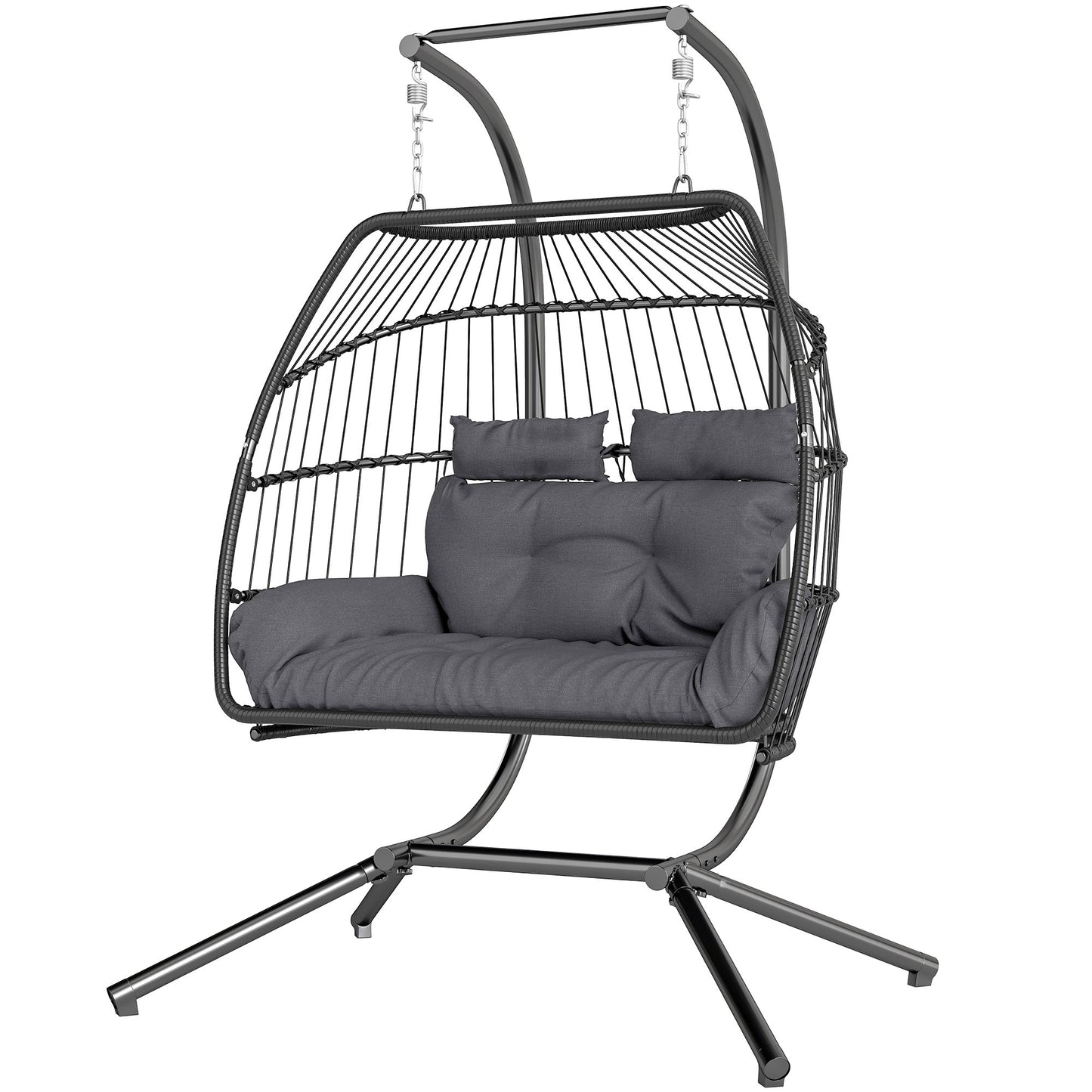 Double Wicker Egg Swing Chair with Stand, Foldable Hanging Egg Chair with UV Resistant Cushion, Headrest, Cream White