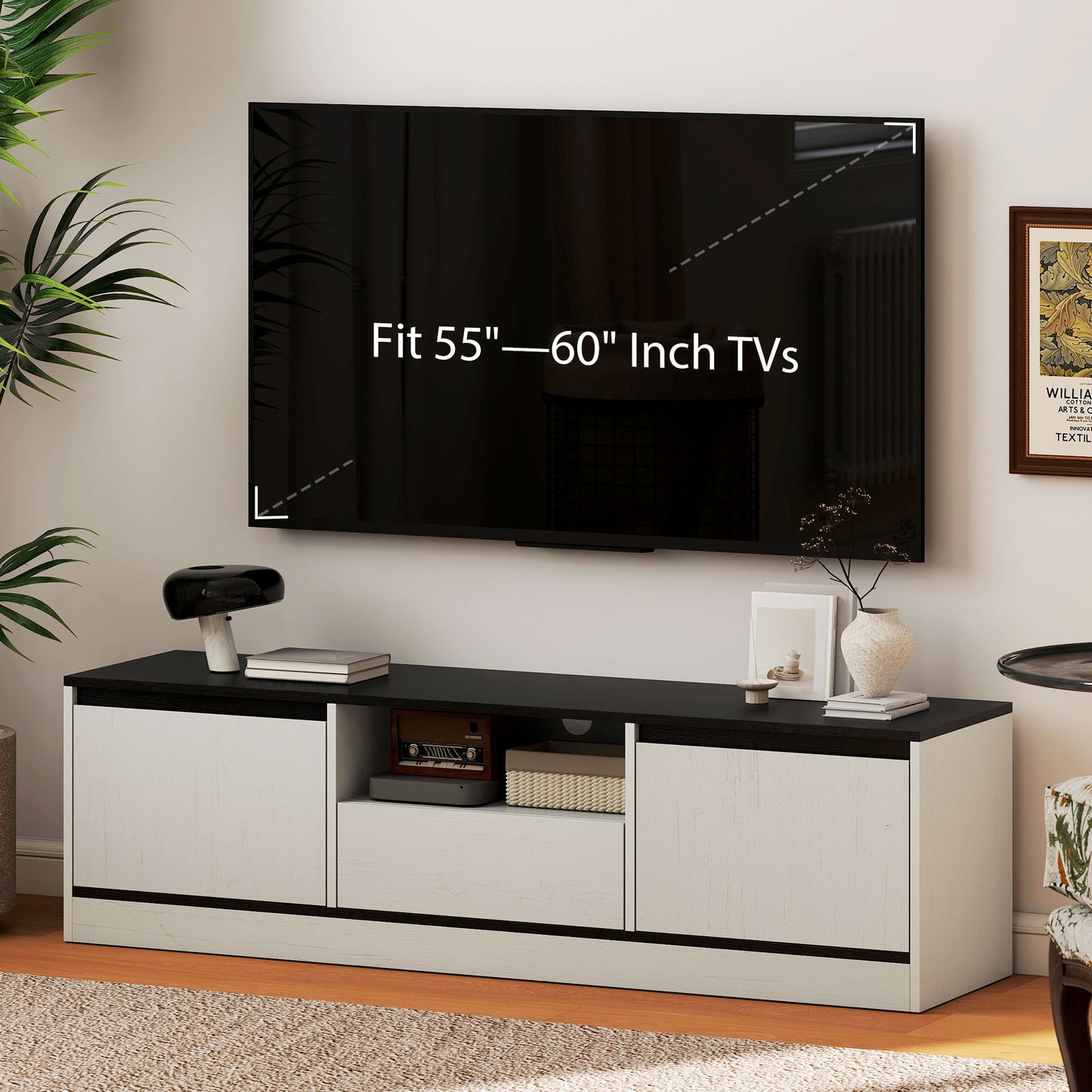 TV Stand for 55-60 Inch TV, Entertainment Center w/ Cabinets, Shelf, Drawer and Cable Management for Living Room, White