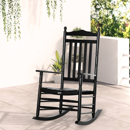 Wooden Outdoor Rocking Chair, Patio Rocking Chair with Slatted High Back and Armrests for Porch, Garden, Lawn, White - Black