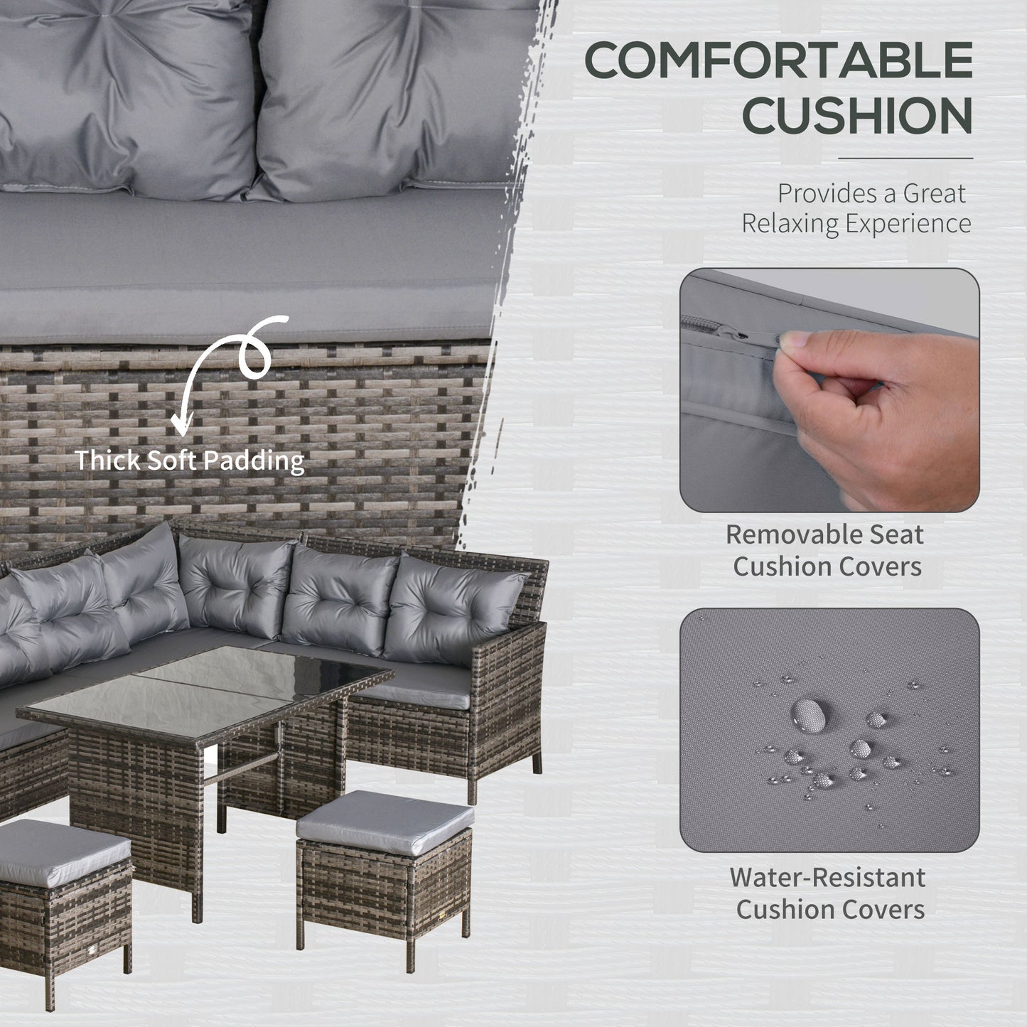 6pcs Outdoor Rattan Sofa Set Garden Wicker Sectional Couch Furniture Set with Dining Table and Chair Dark Grey