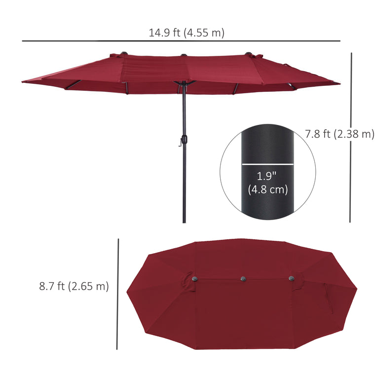 15ft Wine Red Double-Sided Umbrella with Twin Canopy & Crank