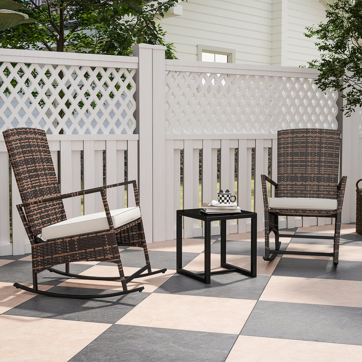 3 Piece Rocking Bistro Set, Wicker Patio Furniture with 3-Level Reclining High Back Rocking Chair and Glass Table, White