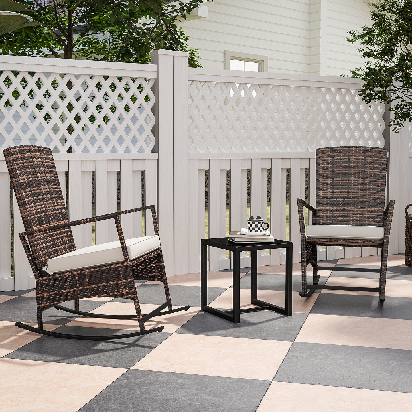 3 Piece Rocking Bistro Set, Wicker Patio Furniture with 3-Level Reclining High Back Rocking Chair and Glass Table, White