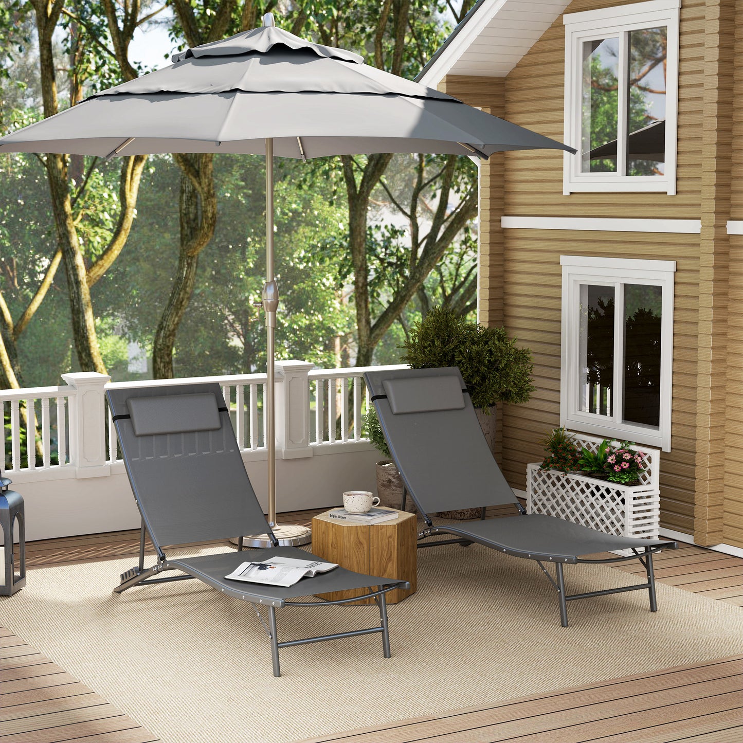 Folding Outdoor Chaise Lounge Chair Set of 2 with Adjustable Backrest, Headrest, Mesh Seat for Beach, Poolside, Grey