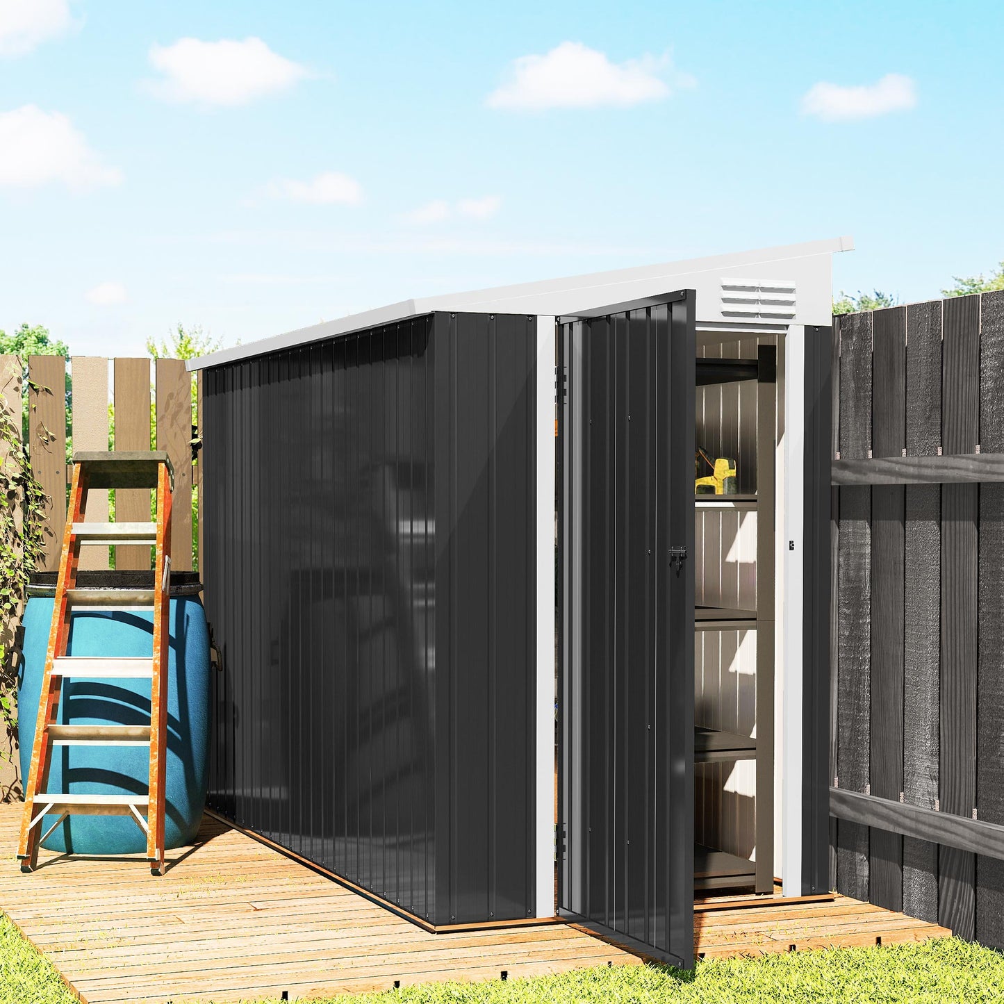 Outdoor Storage Shed Lean to Shed Outdoor Metal Tool Shed with Lockable Door and Air Vents, Dark Grey