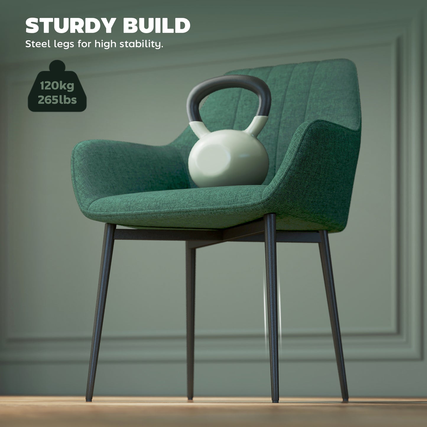 Dining Chairs Set of 2, Upholstered Linen Fabric Accent Chairs with Metal Legs, Dark Green