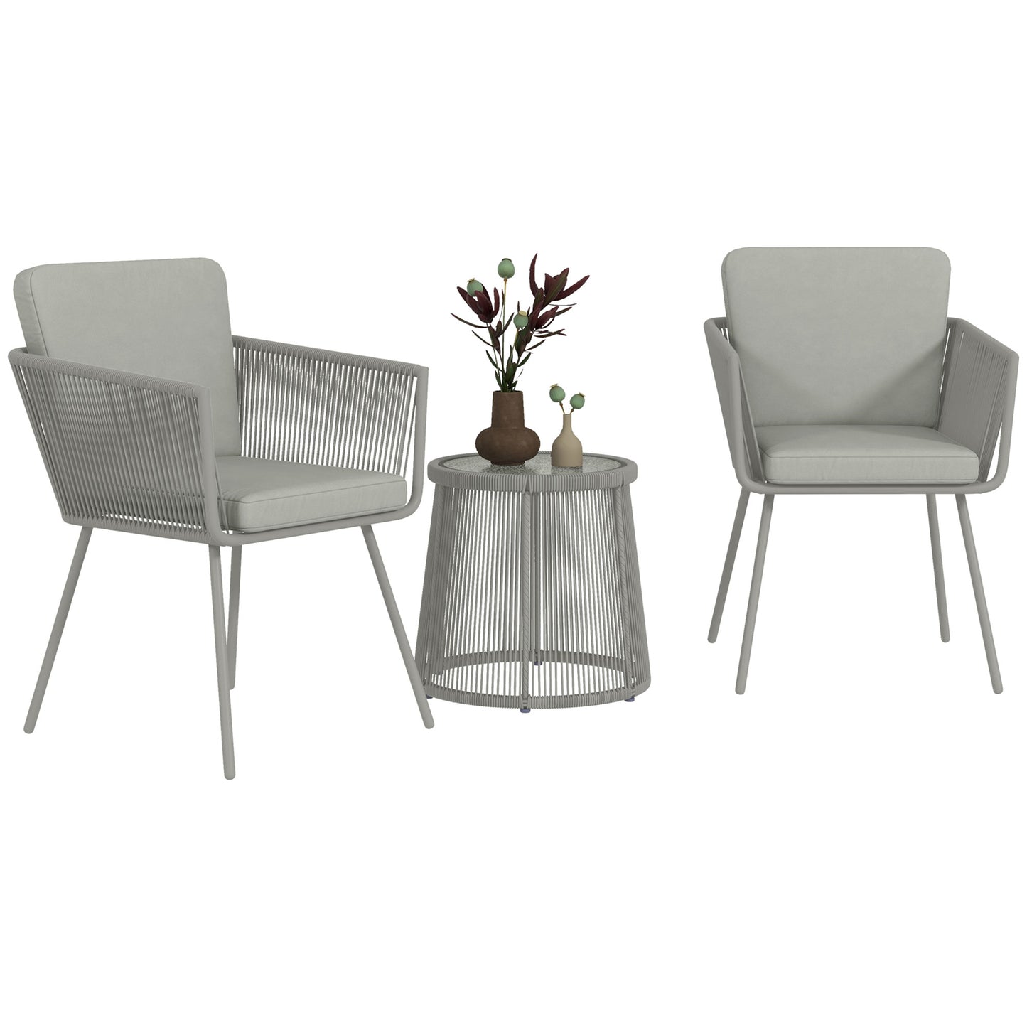 3 Piece Outdoor Patio Bistro Set, Wicker Rattan Furniture with Metal Legs for Garden, Backyard, Light Grey