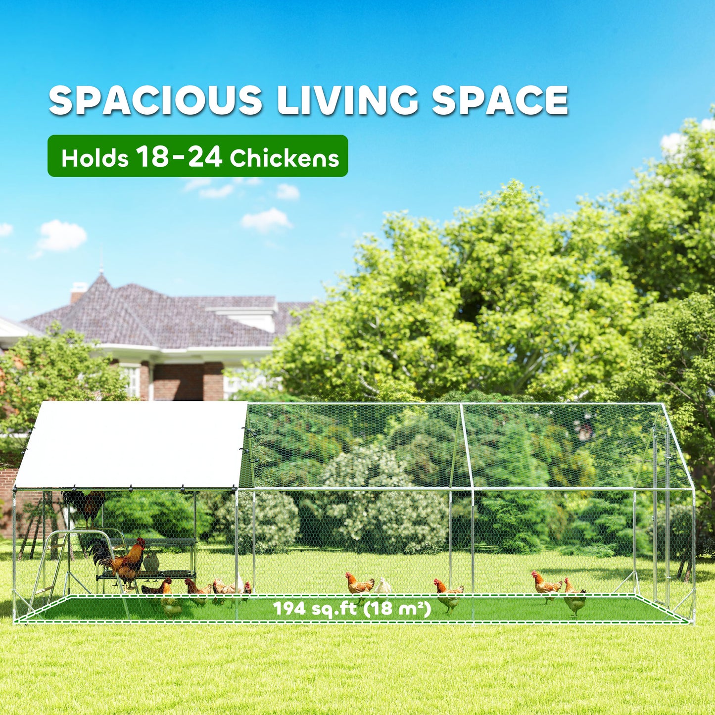 Metal Chicken Coop Run w/ Waterproof Cover, Nesting Box, Roosting Bars, for Outdoor Backyard