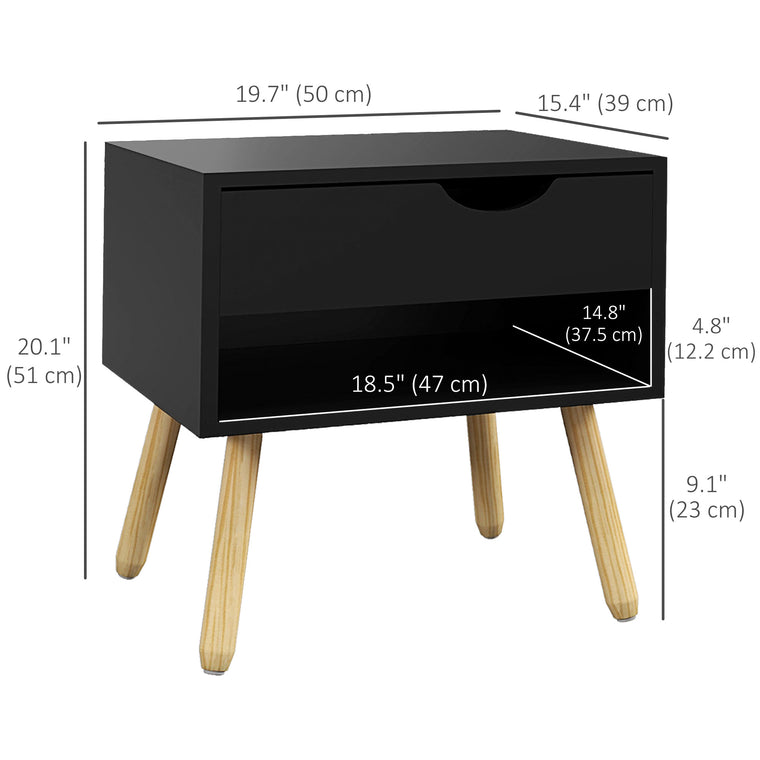 Nightstands Set of 2 with Drawer and Shelf - Black