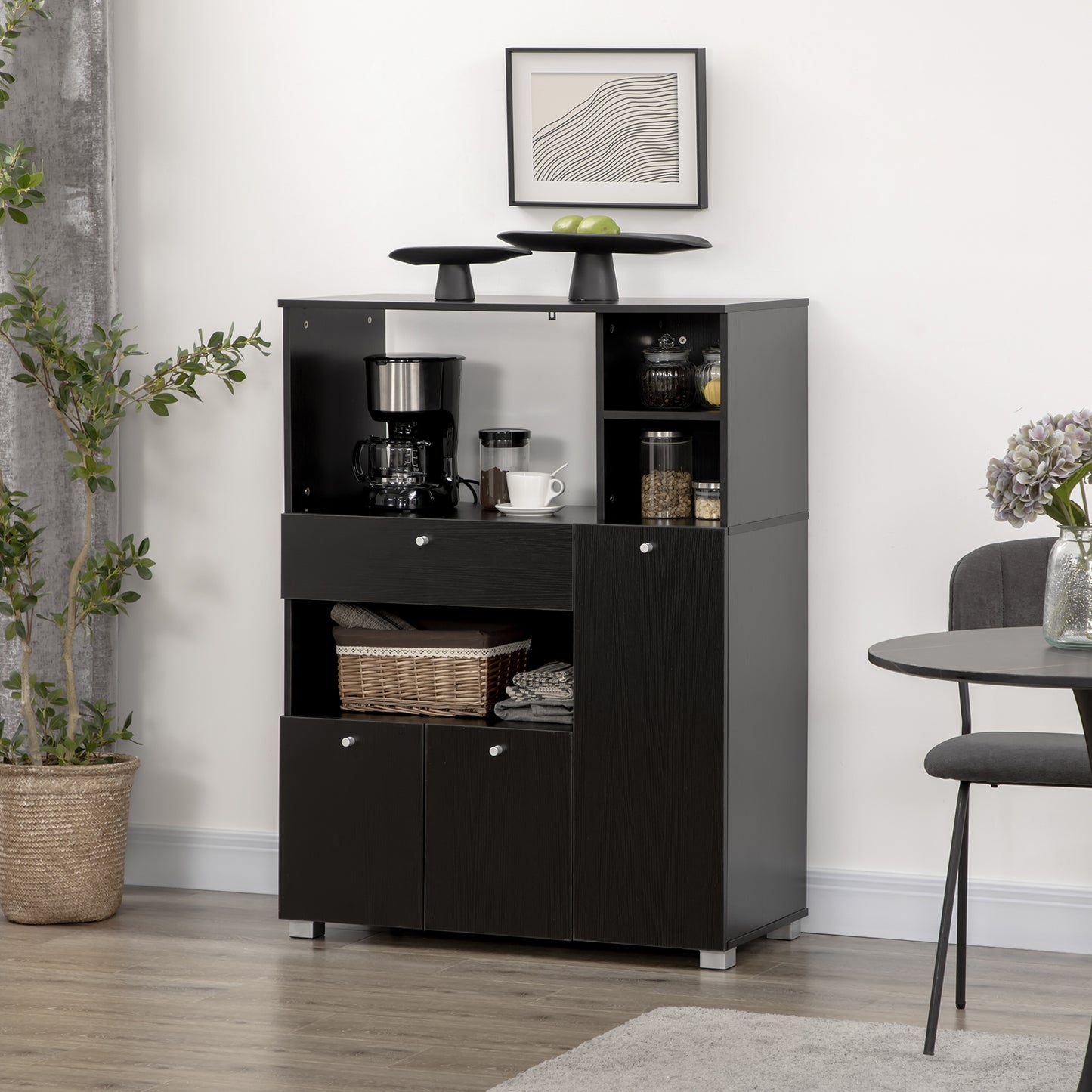 Compact Kitchen Pantry Buffet Server Hutch Storage Cabinet with Microwave Oven Stand Drawer and Shelves, Black