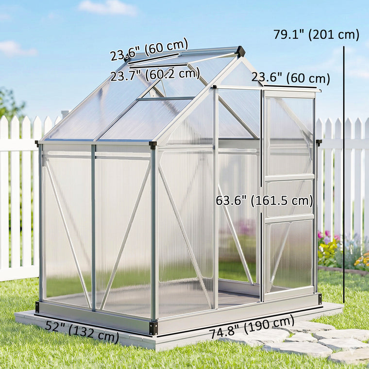 6' x 4' x 6.6' Silver Polycarbonate Greenhouse with Rain Gutter