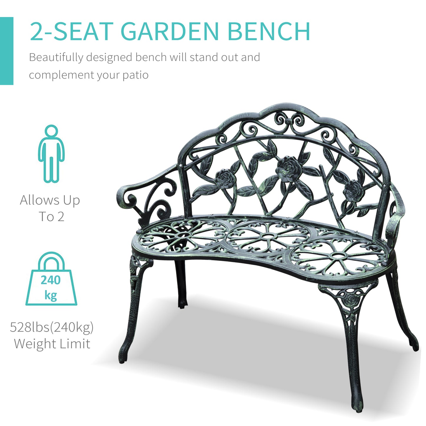 40" Outdoor Garden Bench, Cast Aluminum Antique Rose Style Patio Garden Park Loveseat Bench for Backyard, Porch, Balcony, Lawn, Green