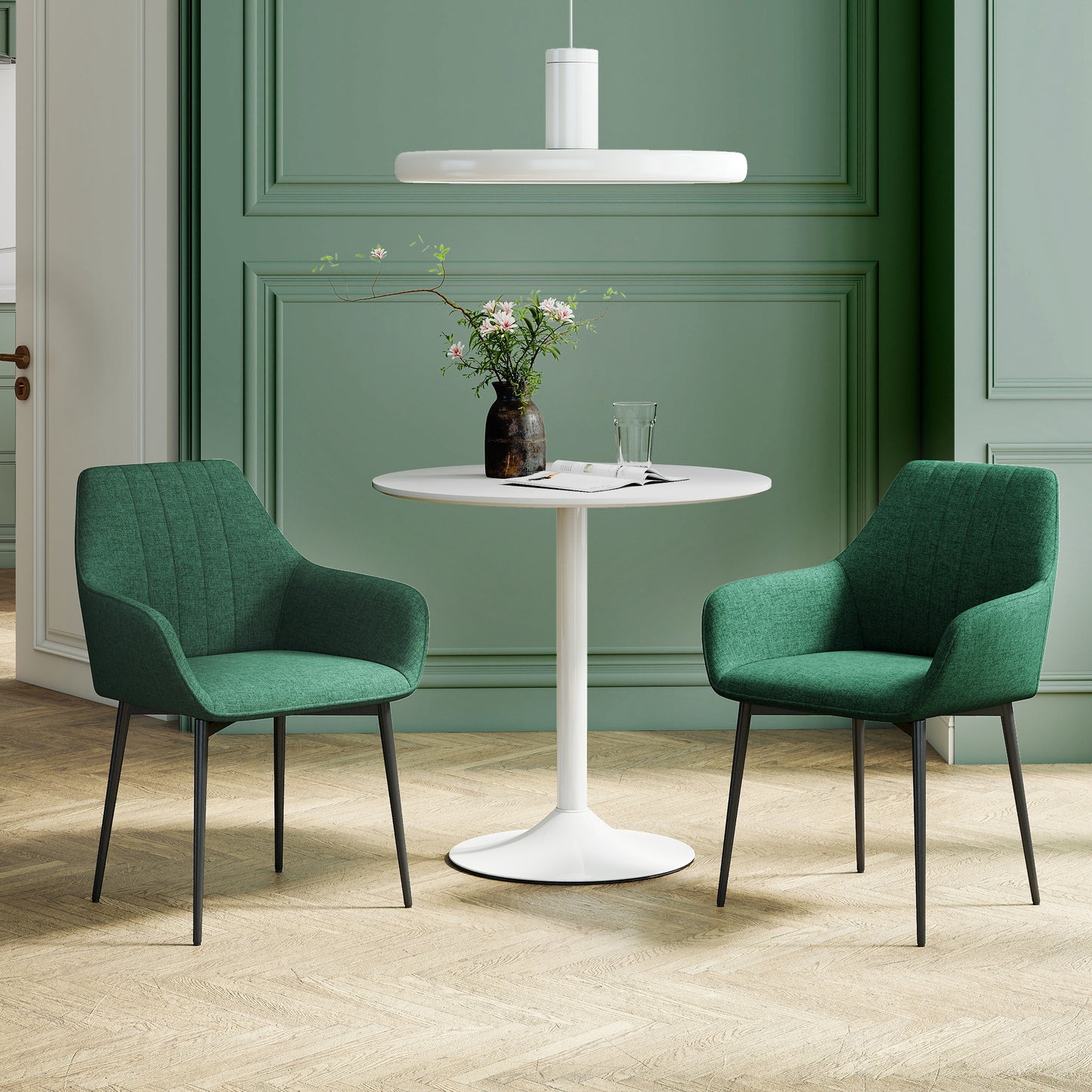 Dining Chairs Set of 2, Upholstered Linen Fabric Accent Chairs with Metal Legs, Dark Green