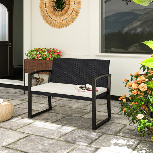 2 Seater Outdoor Bench, Rattan Garden Bench Loveseat with Cushion, Armrests, Steel Frame for Patio, Porch, Beige - Beige