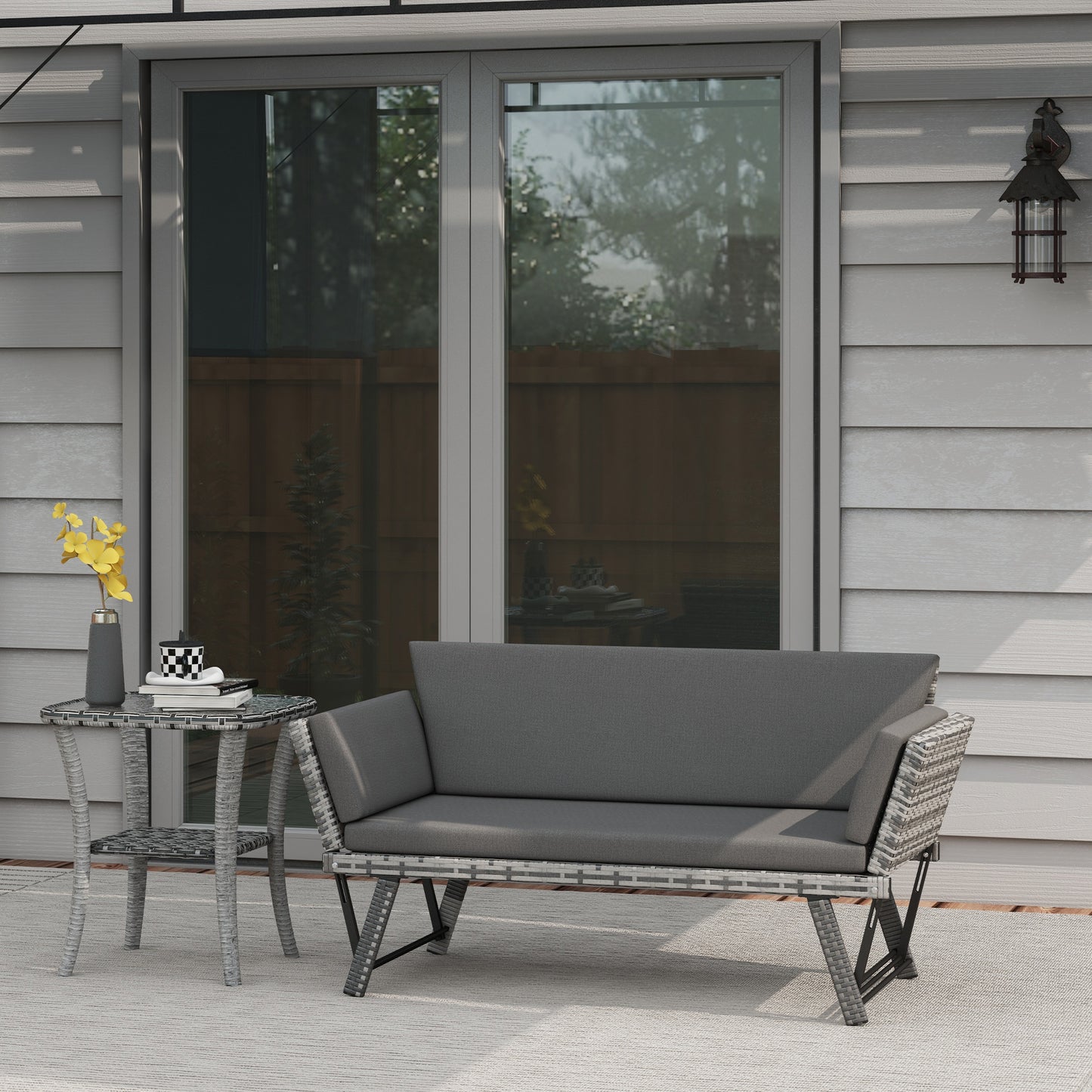 Convertible Wicker Loveseat Grey Patio Chaise Lounge