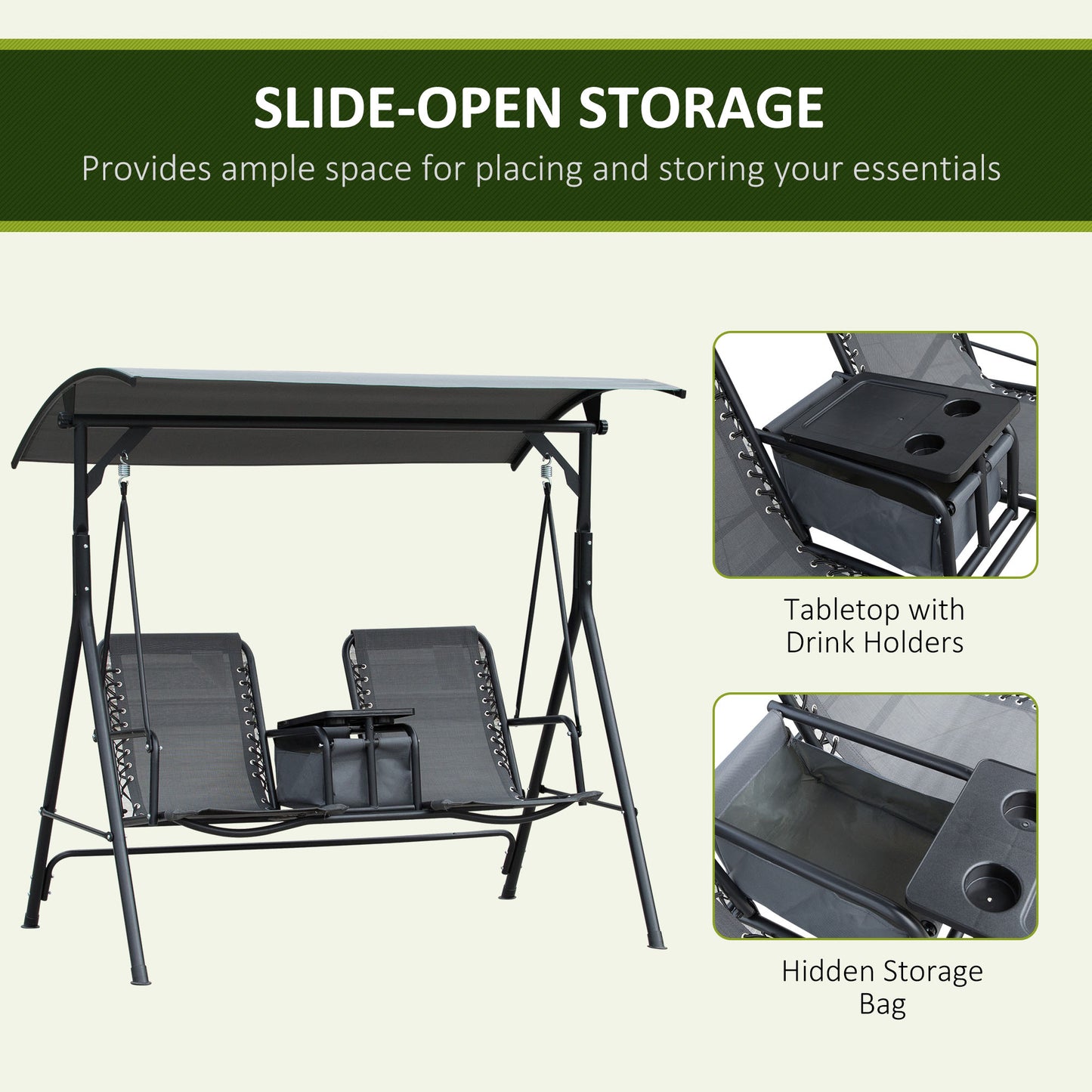2 Person Covered Porch Swing Patio Swing with Pivot Storage Table, Cup Holder, & Adjustable Overhead Canopy, Black