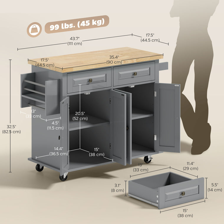 Rolling Kitchen Island with Wood Top and Spice Rack - Grey