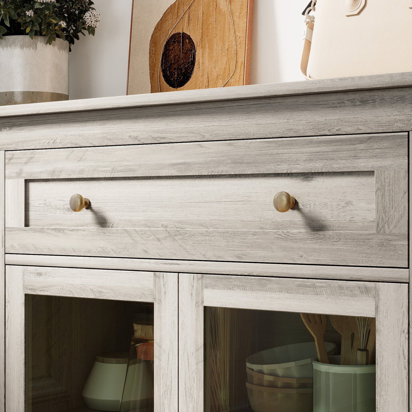 Dining Room Sideboard Buffet Cabinet with Storage, Coffee Bar Cabinet with Glass Doors and Adjustable Shelves, Weathered Grey Oak
