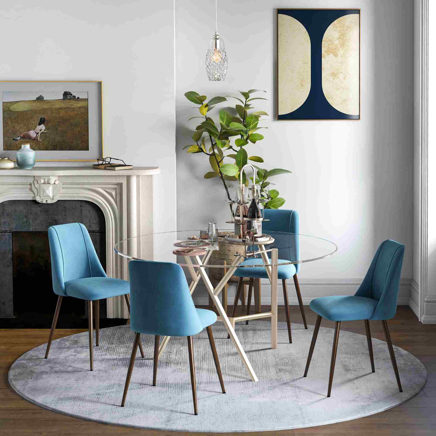 Upholstered Dining Chairs Set of 4, Velvet Accent Chair with Back and Wood-grain Steel Leg for Kitchen, Blue