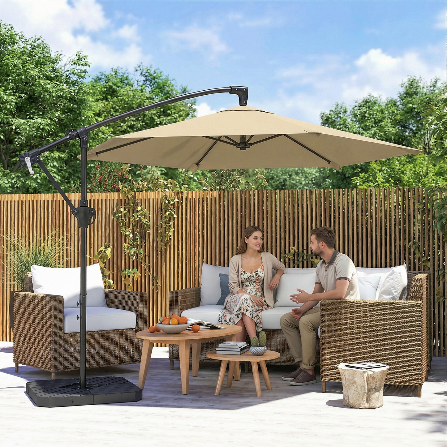 9.7 ft Offset Patio Umbrella with Water/Sand Fillable Weights, Garden Hanging Parasol with Locking Latch, Khaki