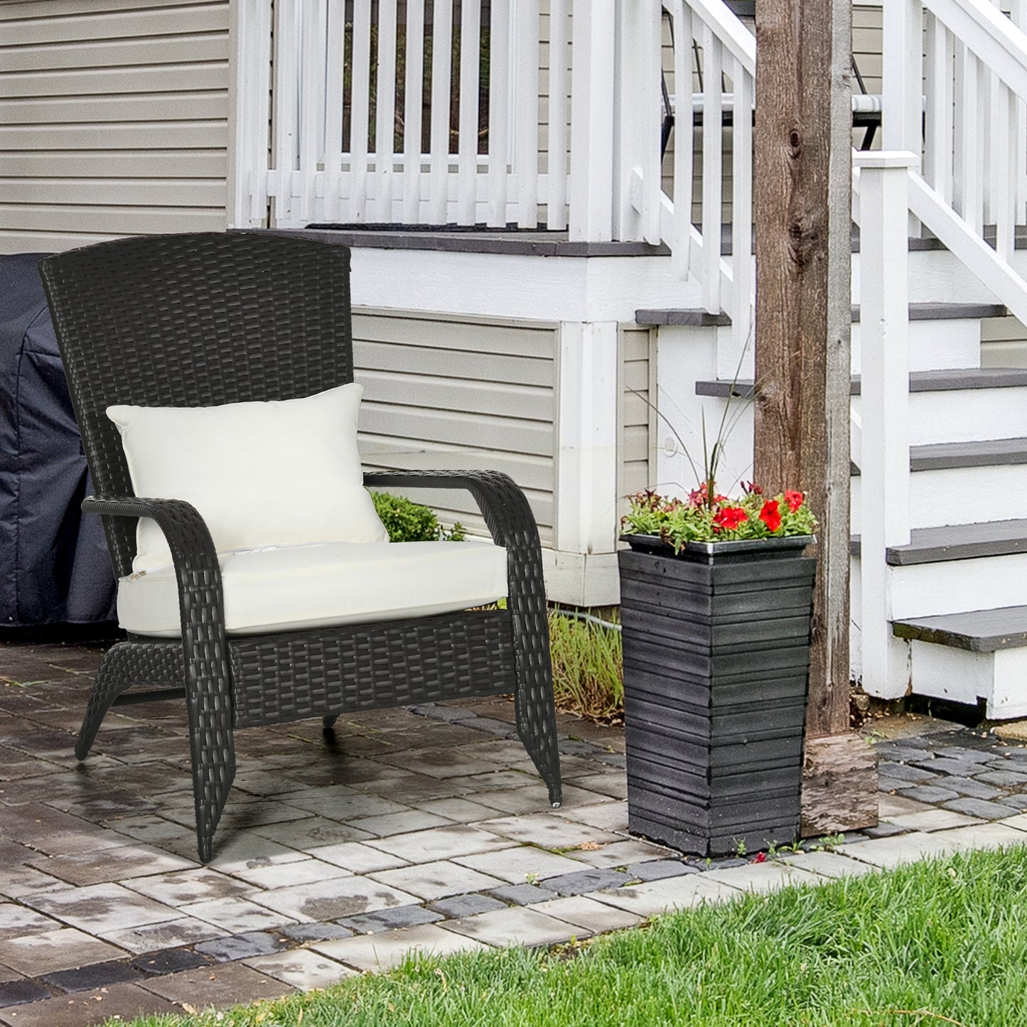 Patio Wicker Adirondack Chair, Outdoor Rattan Muskoka Chair with Cushions for Patio, Garden, Backyard Dark Blue