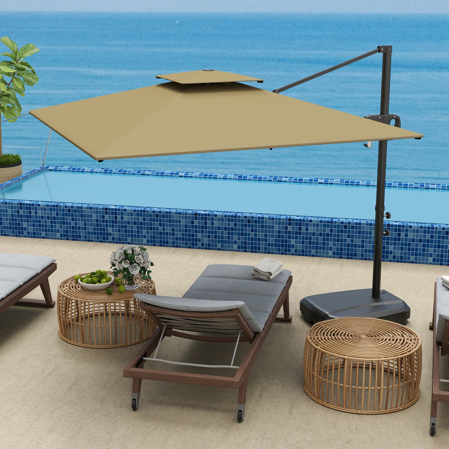 Square Cantilever Patio Umbrella, Double Top Patio Hanging Offset Umbrella with Crank & Tilt, 8' x 9', khaki