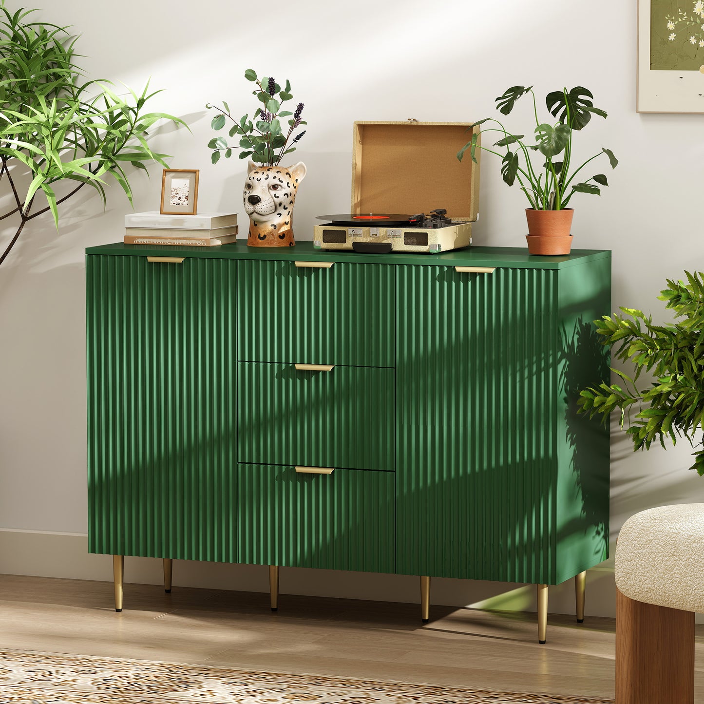 Modern Kitchen Storage Cabinet, Sideboard Buffet Cabinet w/ 3 Drawers and Adjustable Shelves for Kitchen Hallway, Green